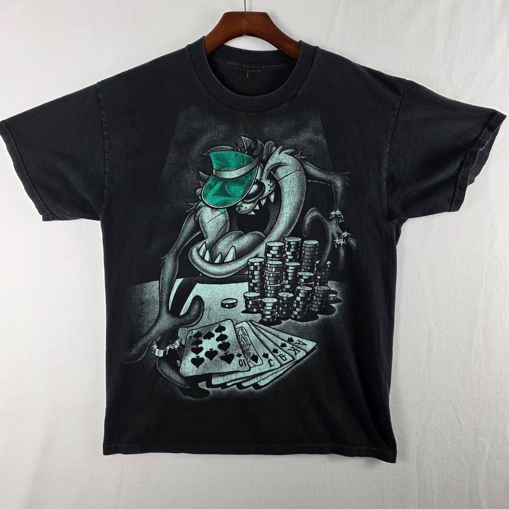 Vintage Style Tasmanian Devil Poker Gambling Graphic T-Shirt Black Size XL